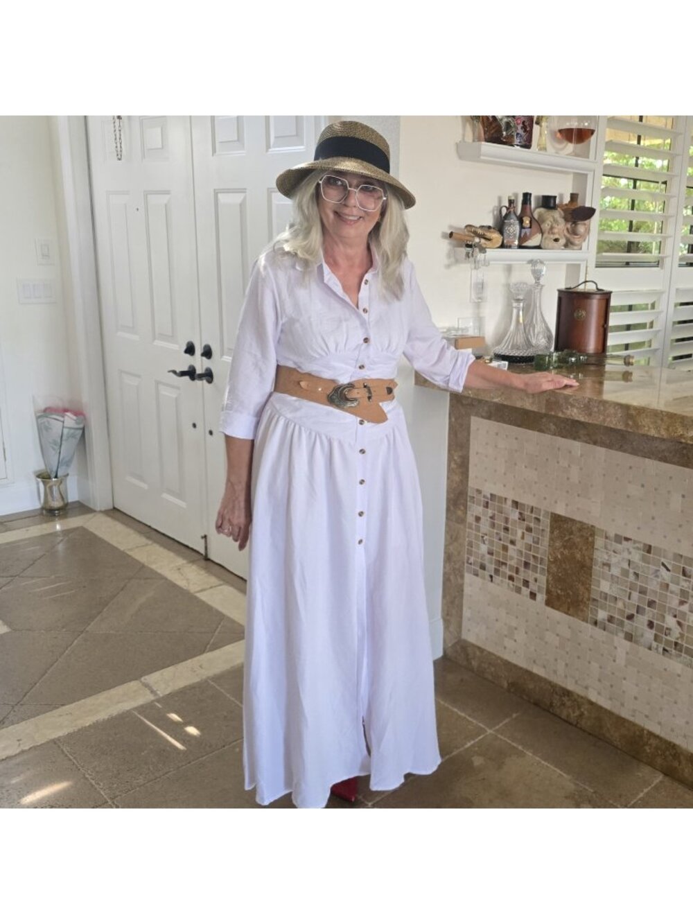 Boho White Maxi Dress Pleated Cinched Waist Button-Down Long Sleeve Women's Sz L